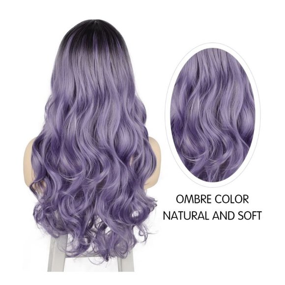 Women Long Wavy Synthetic Wig Light Purple Side Part Heat Resistant Full Wig Cos - Picture 3 of 8